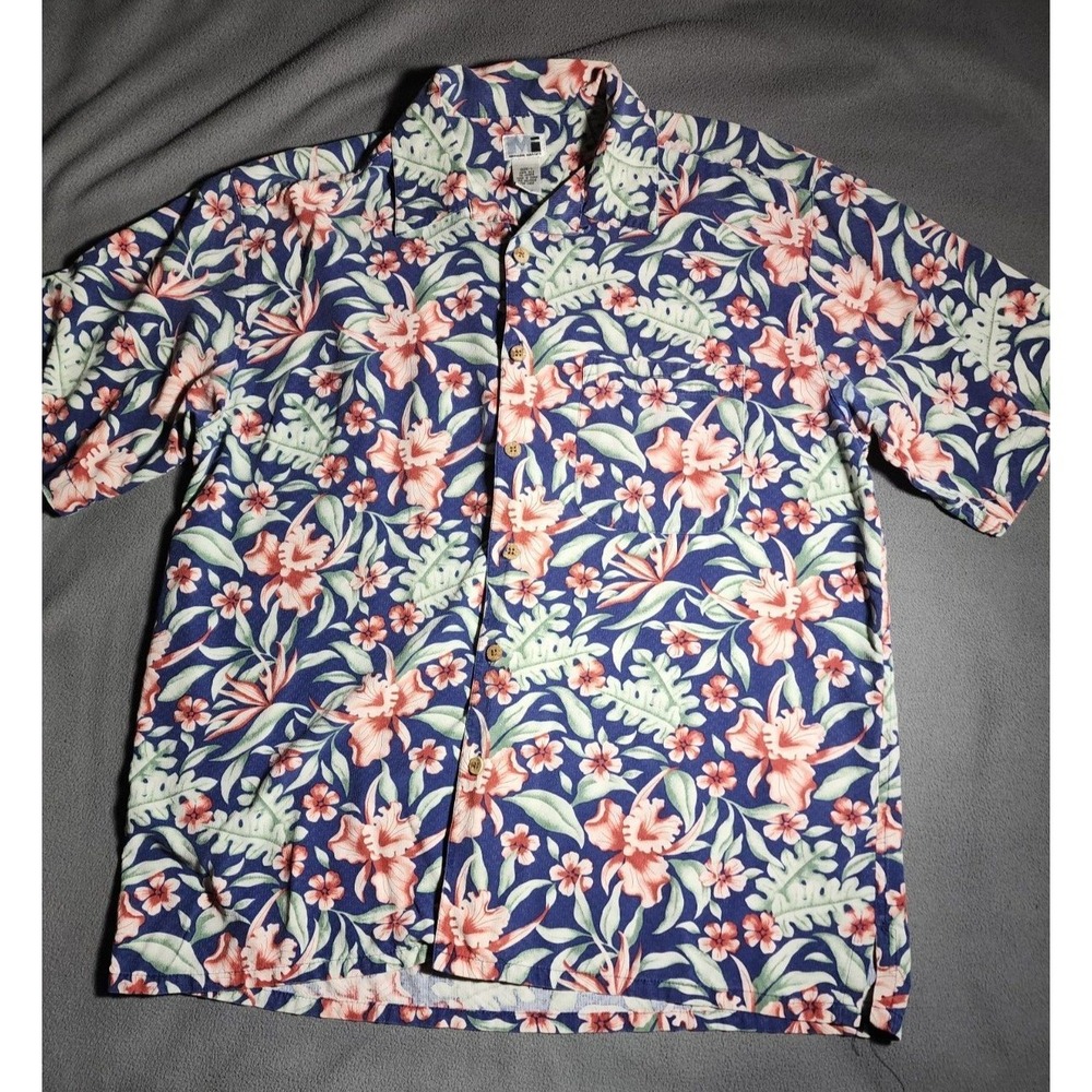 Modern Images Shirt Men Large Blue Floral Button Down Short Sleeve 100% Linen